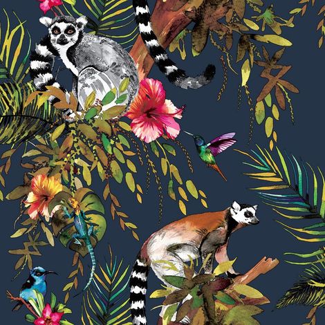 Lemur Wallpaper Navy Blue Tropical Jungle Birds Metallic Floral Trees Animals (1/3)