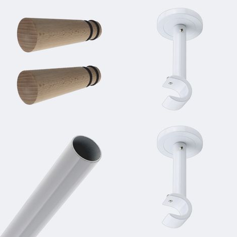 Kit de tringle à rideaux Blanc 200cm Diam.20mm Embout Cône Bois - Fixation Mur - Boulet (1/3)