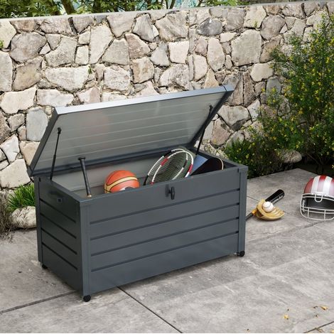 Coffre de jardin 311 L en acier galvanisé, 4 roulettes, verrouillable, gris foncé DESVIAE (1/5)