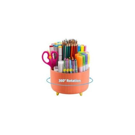 Organiseur de bureau, porte-stylo rotatif à 360°, accessoires de bureau avec 5 compartiments, rangement pour stylos et fournitures de bureau (orange) (1/5)