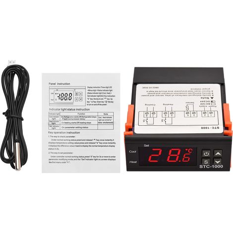 Régulateur de Température Numérique STC-1000 Thermostat Intelligent DC 24V pour Réfrigérateur avec Chauffage/Refroidissement/Correction de Température/Démarrage Différé/Alerte Température Haute ou Bas