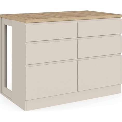 Idmarket – Îlot central mange-debout 120 cm – Casserolier 6 tiroirs – Structure en panneaux de particules – Plateau bois clair – Pour cuisines ouvertes