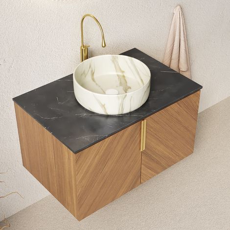 Meuble vasque mural 76 cm céramique blanche motif pierre, plan pierre frittée noire, caisson 2 portes chêne brun