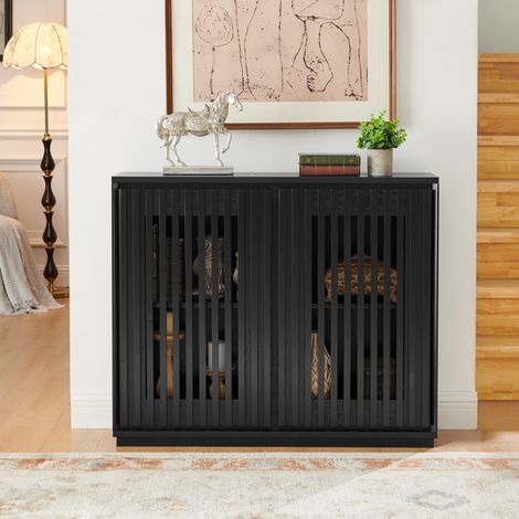 Buffet étroit Mid-Century 99x23,5x82,6 cm,portes ajourées,12 tasseaux en bois massif,2 passages pour prises,MDF P2,effet noyer,noir (1/5)