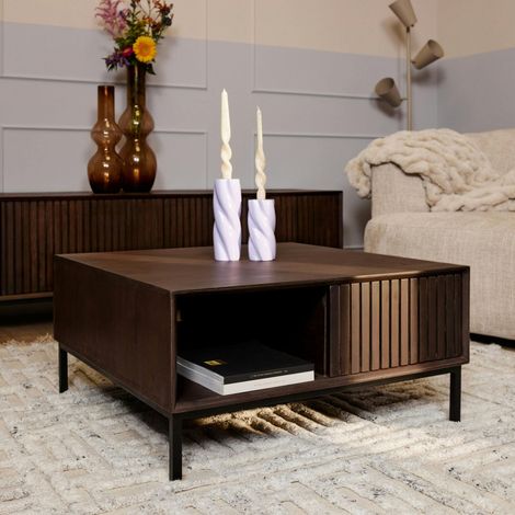 Table basse carrée vintage 2 tiroirs rainurés CORTINA (1/5)