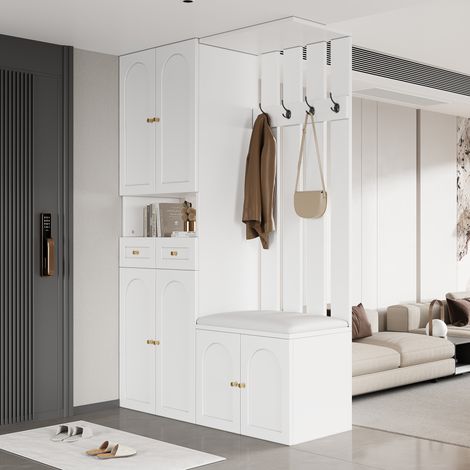 Ensemble d'entrée blanc avec armoire et banc à chaussures, 2 tiroirs, 4 patères, 6 portes, 110×180×37 cm