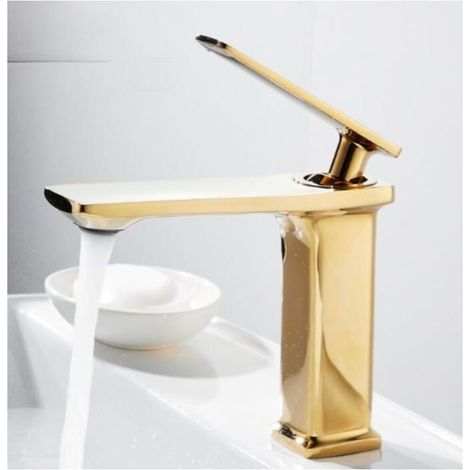 Grifo de lavabo de baño totalmente de cobre, agua fría y caliente, color dorado. (1/5)