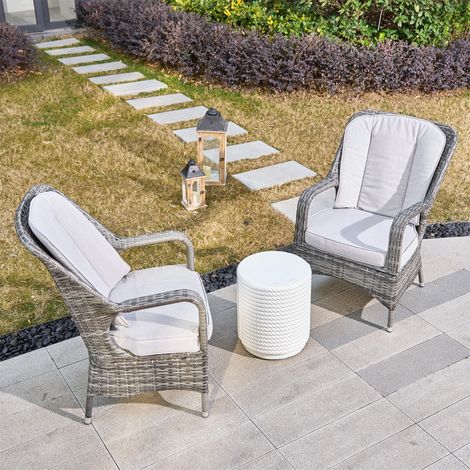 Abrihome 2-Piece Outdoor PE Rattan Grey Dining Chairs Paired with a White Terrafab Composite Coffee Table for Outdoor (1/5)