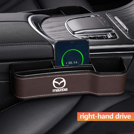 (Marron à droite) Boîte de rangement en cuir pour l'espace entre les sièges de voiture Mazda 2, 3, MS, CX5, CX3, MX5 et RX8. Sac de rangement inclus. (1/5)