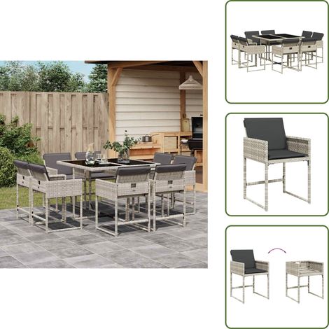 Mesa de jardín - vidaXL Set comedor de jardín 9 pzas cojines ratán sintético gris claro - Ratán sintético
