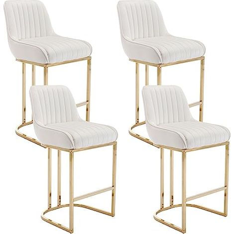 Bar Stools Set of 4 Velvet Armless Breakfast Kitchen Counter Stools with Metal Frame Bar Chairs for Home Bar Restaurant, White, Wahson
