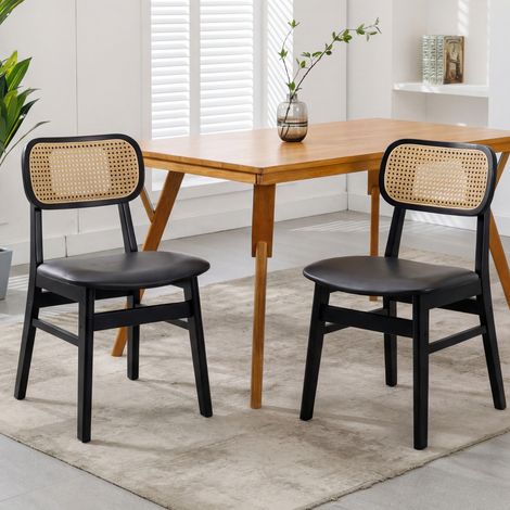 Wahson  Esszimmerstühle 2er Set PU Leder Küchenstühle, Rattan Polsterstuhl mit Rückenlehne für Esszimmer/Wohnzimmer/Küche, Schwarz