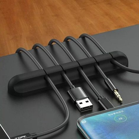 Organisateur de câbles en silicone - 5 câbles - Clips et support de câble - Enrouleur USB - Gestion des câbles de bureau - Auto-adhésif - Noir (1/4)