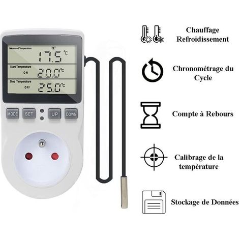 Prise Thermostat Numérique 220 V avec Sonde pour Chauffage et Refroidissement – Contrôleur LCD pour Réfrigérateur, Incubateur, Serre et Ventilateur