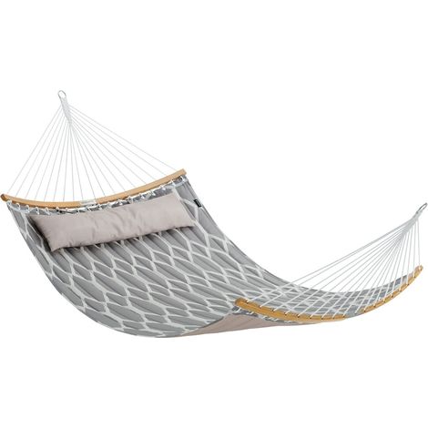 SONGMICS Amaca in Tessuto Trapuntato con Aste Curve in Bamboo Rimovibili, Cuscino, 200 x 140 cm, Capacità di Carico da 225 kg, Grigio e Rombi Beige GDC034G02 (1/5)