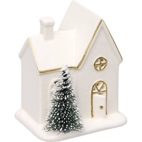 Casetta natalizia luminosa in ceramica bianca con 1 led, altezza 9 cm, alimentata a batterie - Feeric lights & christmas (1/4)