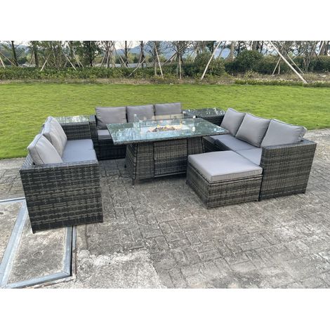 Fimous 10-Sitzer U Form Gartensofa Outdoor Rattan Gartenmöbel Set Gas Feuerstelle Brenner Tisch Sets mit Großer Hocker Beistelltisch (1/4)