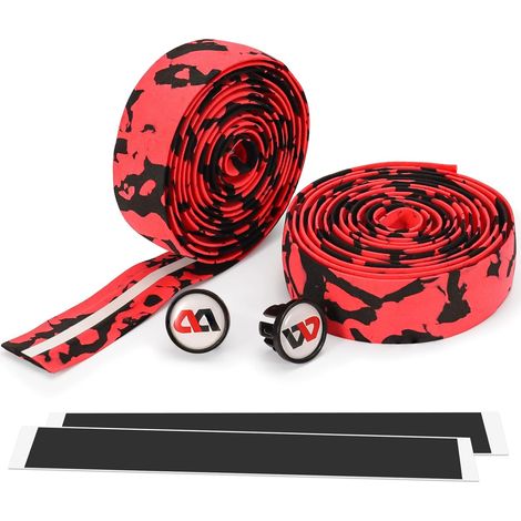 Lot de 2 rouleaux de ruban adhésif pour guidon de vélo avec 2 bouchons d'extrémité et bandes adhésives en mousse EVA - Ruban antidérapant - Pour VTT et vélo - Rouge (1/5)