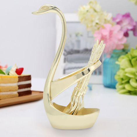 Service à cuillères à café et dessert élégant en or avec porte-cygne, couverts de table pour la maison (1/5)