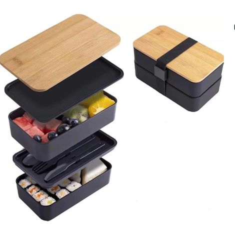 Bento-Lunchbox, 2-lagig, Essensbox-Fach, 1200 ml, luftdichte Lunchbox, Bento-Box für Erwachsene, Kinder, Picknicks, Arbeit, Schule (schwarz)