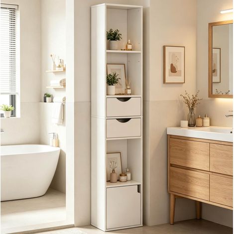 Meuble de rangement vertical blanc 157,5 cm avec 3 étagères, 2 tiroirs et 1 porte OKMYHOME (1/4)