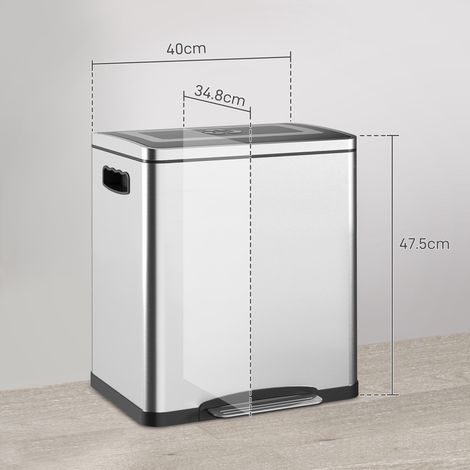 Poubelle à pédale 2 compartiments 15 L avec couvercle silencieux, acier inoxydable et PP, 40 x 34,8 x 47,5 cm (1/5)