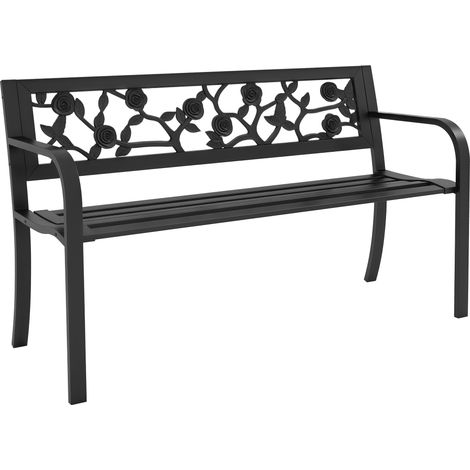 2-Sitzer-Gartenbank aus Stahl mit dekorativer Rückenlehne und Armlehnen, 127 x 50 x 75 cm, Schwarz