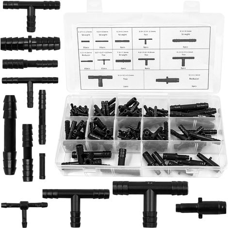 Ensemble de 113 Connecteurs de Tuyau, 12 Tailles de Raccords en T, Droits et Réducteurs, Compatibles avec Tuyaux d’Arrosage, Irrigation, Aquariums et Systèmes Automobiles (1/5)