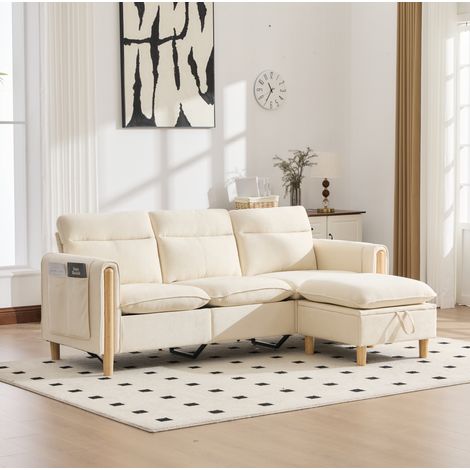 Divano angolare 3 posti in ciniglia beige con pouf contenitore e tasche laterali OKWISH (1/5)