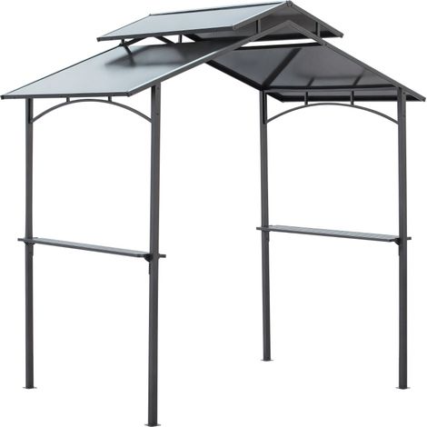Pérgola barbacoa con techo ignífugo, 2 estantes, 240 x 150 x 250 cm, acero negro y marrón (1/5)