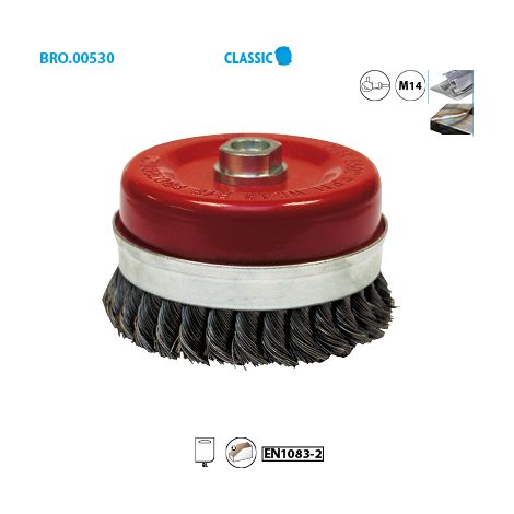 Spazzola conica per smerigliatrice filo d'acciaio ritorto 0,50 mm D. 65 mm M14 per metallo - Sverniciatura extra dura - LEMAN - 530.065V
