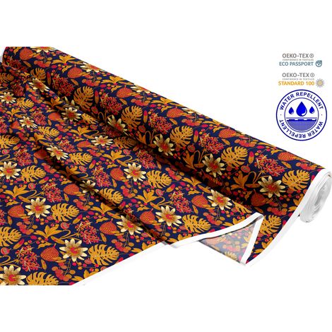 OUTDOOR DEKOSTOFFE OXFORD - Motiv Blumen und goldene Blätter I DR041