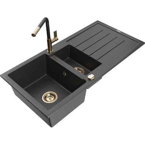 Mexen Andres fregadero de granito 1,5 tazones con escurridor y grifo de cocina Flora, negro moteado - 6515-76-670401-75-G (1/5)