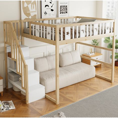 REDOM - Lit mezzanine - 140x200 cm - avec escalier - rangements - bois, naturel et blanc (Sans matelas) (1/5)