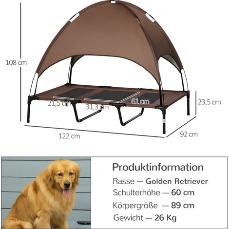 Lit surélevé pour chien avec auvent, couchage pour animaux, transat d'extérieur pour chien avec toit, respirant, en taffetas couleur café, idéal pour le camping, 122 x 92 x 108 cm (1/5)