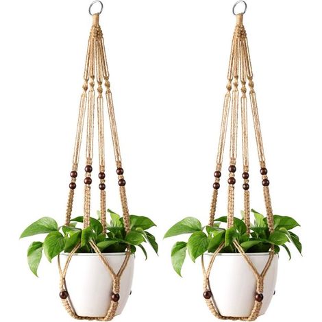 Thijox - Lot de 2 suspensions pour plantes - Panier suspendu pour plantes d'intérieur - Support pour pot de fleurs en corde de jute avec perles - 89 cm - Idéal pour la décoration intérieure et le jard (1/5)