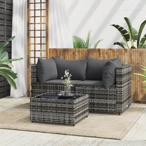 3 pcs Salon de jardin, Ensemble table et chaises de jardin, Meuble de jardin avec coussins Gris Résine tressée MKW335086 (1/5)