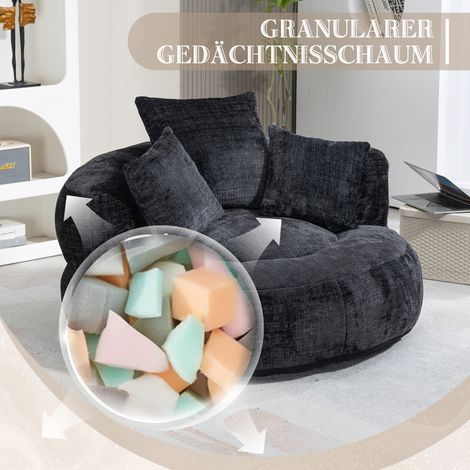 Fauteuil pouf relaxant durable, dossier haut, 3 coussins inclus, lounge confortable pour adulte et enfant, usage intérieur/extérieur, siège de jeu individuel pour chambre ou bureau (tissu chenille noi (1/5)
