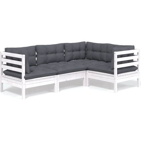 Salon de jardin 4 pcs Contemporain, Ensemble repas de jardin, avec coussins Blanc Bois de pin OIB5578E (1/5)