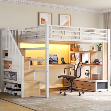 Lit mezzanine 140x200 cm en MDF et métal blanc avec bureau, rangements et éclairage LED - CHICFURN (1/5)