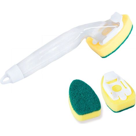 Brosse éponge distributrice de savon - Tête lavable PP, mousse haute densité anti-rayures, 1 brosse + 2 têtes de rechange pour vaisselle (1/4)