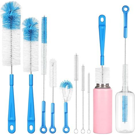 Set of 8 Bottle Brushes, Long Handle, Nylon, Stainless Steel, Kitchen, Baby Bottle (1/5)