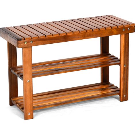 COSTWAY Acacia Wood Shoe Rack Bench 3-Tier Shoe Organizer 70x28x45cm-Teak Color (1/5)