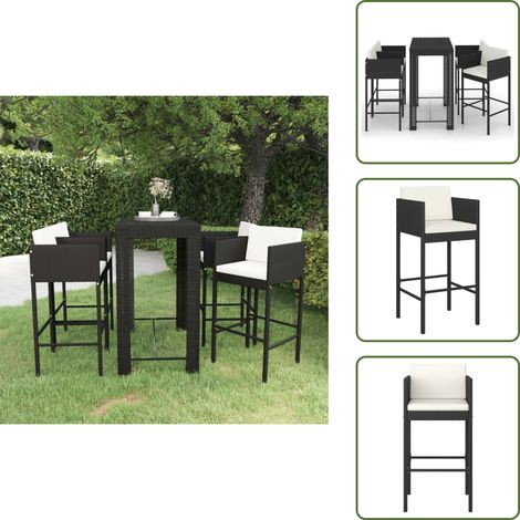 5-tlg. Gartenbar-Set mit Kissen Poly Rattan Schwarz - Gartenbar Set - Gartenmöbeln - Rattan Möbel - Außenküche - Essplatz (1/5)