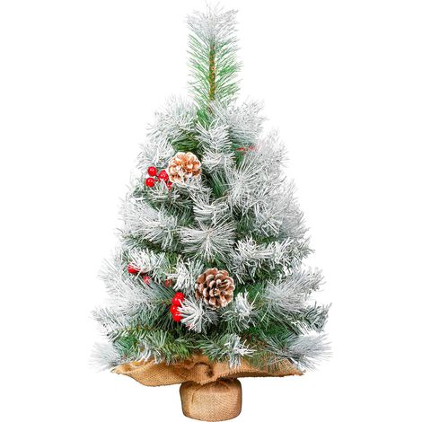Mini Sapin de Noël, Sapin de Table de 60 cm avec Aiguilles de Pin et Pommes de Pin et de Baies Rouges Floquées des Flocons de Neige Blancs, Décoration pour Noël, Maison, Cuisine (1/5)