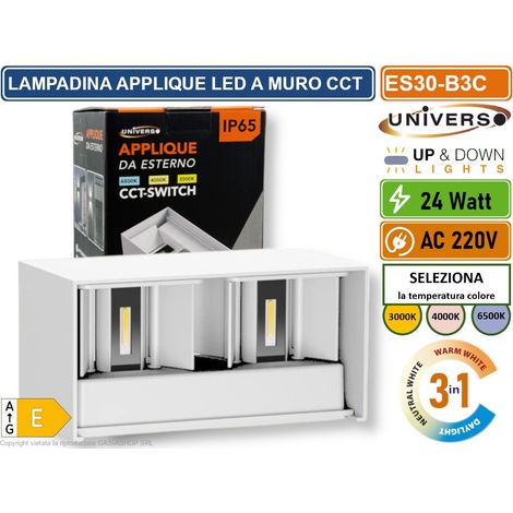 UNIVERSO ES30-B3C LAMPADA APPLIQUE LED DA MURO BIANCA 24W DOPPIO FASCIO LUMINOSO REGOLABILE CON SWITCH CCT PER SELEZIONE LUCE 3000K/4000K/6500K IP65 (1/5)