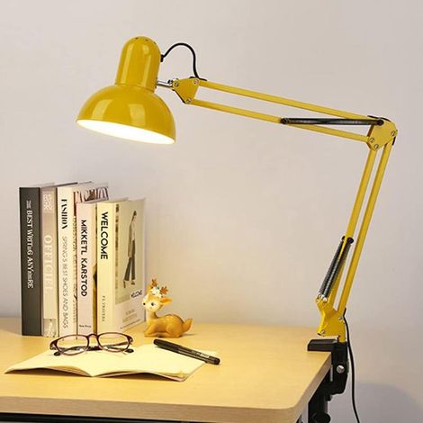 Lampe de bureau industrielle jaune, base solide avec pince, articulée, métal vintage, E27, chevet et bureau (1/5)