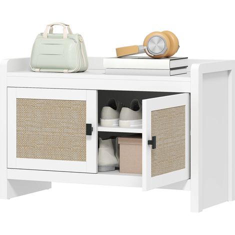 Armoire à chaussures avec portes en rotin, étagère amovible, 80x35x52 cm, blanc et beige