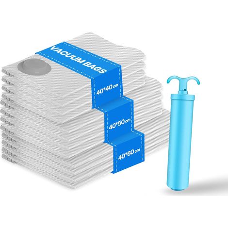 Sac Sous Vide Vetement Aspirateur avec Pompe Manuelle, Lot de 12 (4 40x40cm, 4 40x50cm, 4 40x60cm), Sac de Rangement Sous Vide s pour Pulls, Chemises, Serviettes, Voyages (1/5)