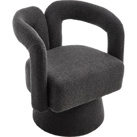 Drehbarer Sessel 360° mit Breiter Gepolsterter Sitzfläche, Abgerundeten Armlehnen, Metallfuß, aus Bouclé Dunkelgrau